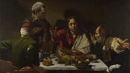 Автор: Караваджо. Изображен момент, когда воскресший Иисус пребывает в г. Эммаус, встречает 2 своих учеников и преломляет с ними хлеб.