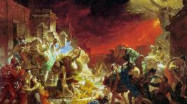 Автор: Карл Брюллов. Изображено Извержение вулкана Везувий в 79 г н.э., разрушение города Помпеи. Автопортрет автора в левом углу.