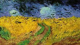 Автор: Винсент ван Гог. Благодаря таланту художника, картина вызывает у нас чувство тревоги (грозное небо, злые вороны, три дороги - вестники беды).
